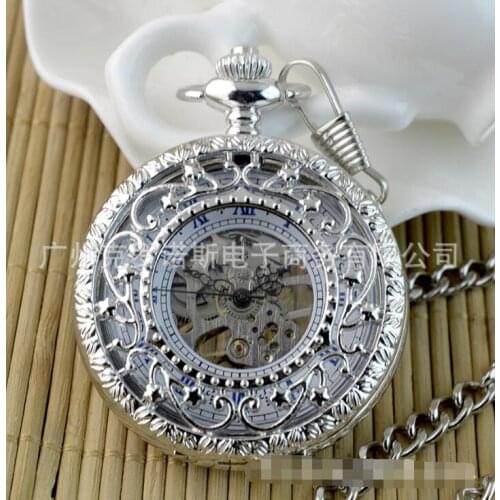 10pcs/lot Hot Sell Silver Hollowed Flower Vine Mechanical Pocket Watch Roman Dial Retro Skeleton Pocket Watch Wholesale