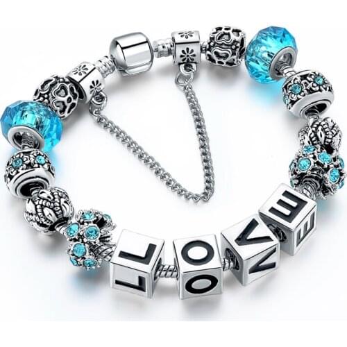Fashion Blue Charm Bracelets For Women Silver Crystal Love Heart Bracelets & Bangles Pulseria DIY Jewelry SBR170011