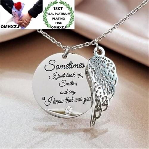 OMHXZJ Wholesale NA325 European Fashion Woman Party Birthday Wedding Gift Words Wing AAA Zircon 18KT White Gold Pendant Necklace