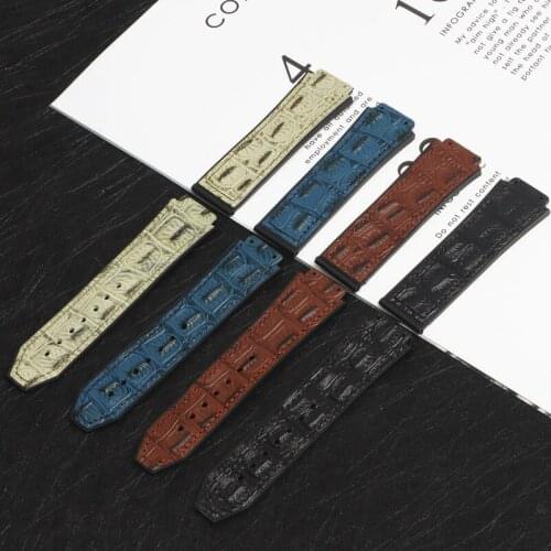 25*19mm Crocodile pattern cow leather Rubber back Watchband butterfly Buckle for Hublot strap for Big Bang belt Watch band