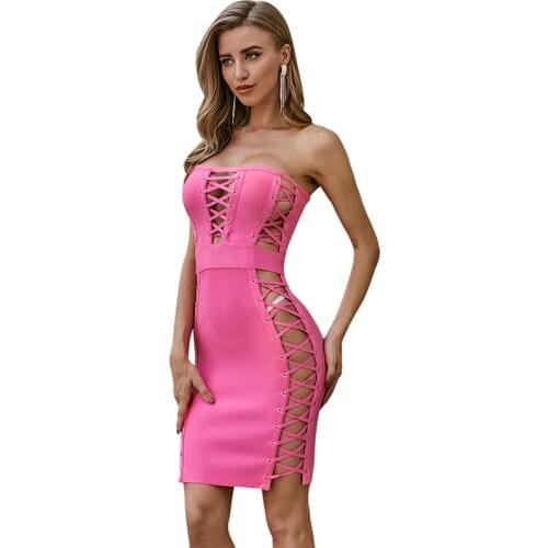 Sexy Strapless Hollow Out Dress Women Backless Cross Bandage Bodycon Party Dress Pleated Stretch Short Club Dress