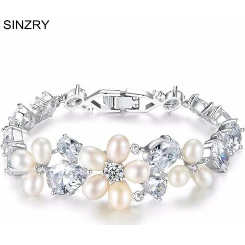 SINZRY bridal elegant jewelry Cubic Zironia brilliant bracelet natural pearl flower charm Bracelets lady wedding bracelets