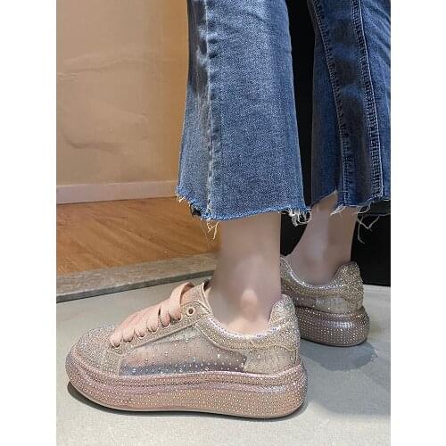 Sweet Fashion Rhinestone Mesh Breathable Ladies Single Shoes Summer College Style Hot Selling Platform Lace-up Running Shoes