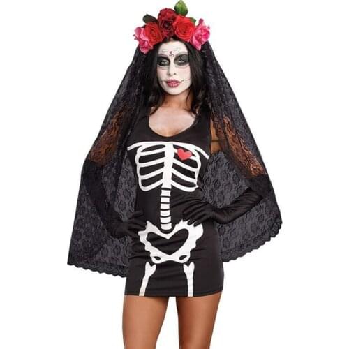 Lady Carnival Halloween Skull Skeleton Costume Day Of The Dead Corpse Bride Playsuit Cosplay Fancy Party Dress