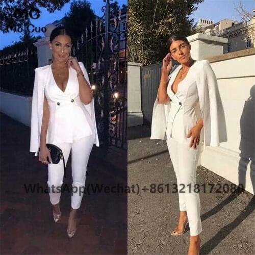 2021 Jumpsuit White Prom Dresses with Cape Jacket Pants Celebrity Dress Ankle Length Satin Prom Dress for women Custom Made