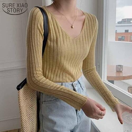 2021 Winter Clothes Women Solid Striped Slim Bottoming Sweater Korean Style V-neck Knitted All-match Pullover Women 11028