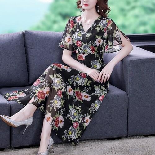 2021 New Summer Women V-Neck Butterfly Sleeve Slim Long Dress Sweet Flowers Print Chiffon Dress