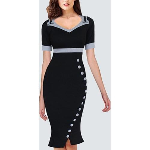 Vintage Mermaid Women Office Dress Summer Casual Contrast Patchwork Sheath Bodycon Party Dress B220