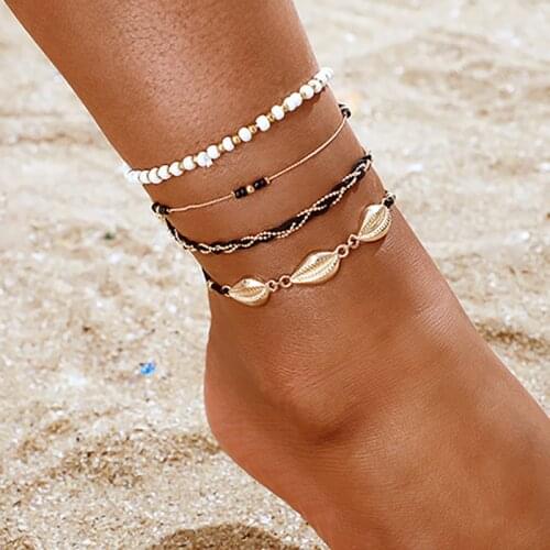ZHINI New Gold Ankle Jewelry Crystal Anklets for Women 4Pcs/set Bohemia Shell Ankle Bracelet On Leg Foot Jewelry Beach Gift