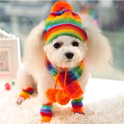 1 Set Winter Pet Dog Scarf/Hat/Foot covers Handmade Knitted Christmas Accessories for Dogs Puppy Keep Warm Pink/Yellow/Rainbow
