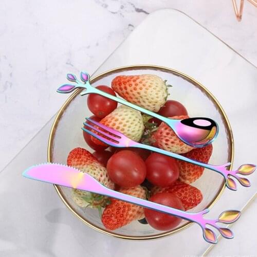 1 pIeces Rainbow Fork Spoon Cake Knife leaf Shape 304 Stainless Steel Dessert Fork Fruit Fork Cake Knife Tableware Accessory