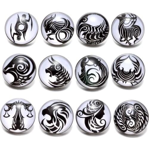 12pcs/lot 12 Constellation Zodiac Theme Pattern Glass Charm 18mm Snap Button Jewelry For 18mm Snaps Bracelet Snap Jewelry KZ0561