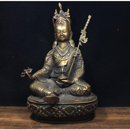 14"Chinese temple collection Old Bronze mosaic Gem Padmasambhava Tibetan Buddha Sitting Buddha Enshrine the Buddha Ornaments