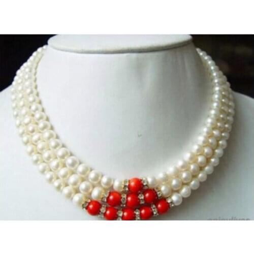 3 Rows Genuine White Pearl Red Coral Yellow Gold Plated Crystal Necklace