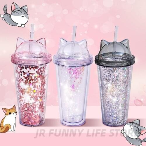 420ml Cat Ear Water Bottle with Sequins Double wall Plastic Tumbler with straw reusable Straw cup drinkware