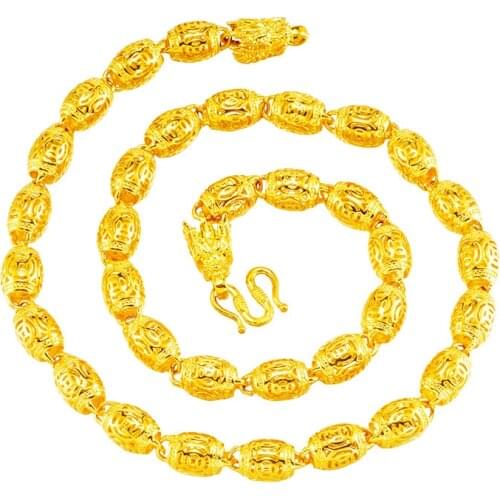 Vintage 24K Gold Color Chain Choker Necklaces for Men Olive Barrel Bead Necklace Gold Jewelry Double Dragon Head Women Jewelry