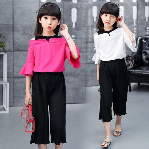 Childrens brand clothing 2018 fashion sleeveless summer style girls shirt + trousers 2 piece suit childrens clothing set4-14ag