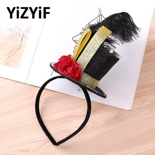 Kids Girls Fancy Steampunk Mini Top Hat Headband Headdress Feather Rose Hair Hoop Headwear Halloween Costume Hair Accessories