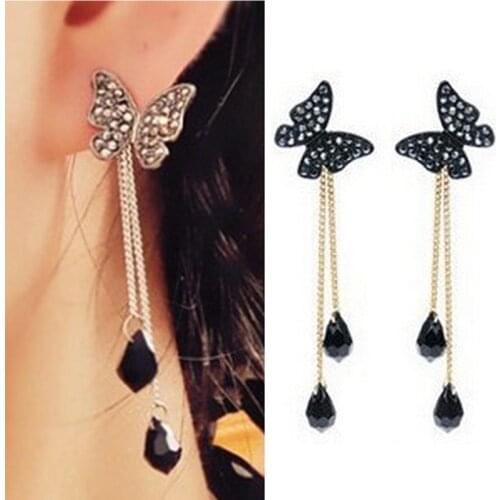 Elegant Stunning Charmming Tassel Crystal Butterfly Waterdrop Long Pendant Earrings Eardrop