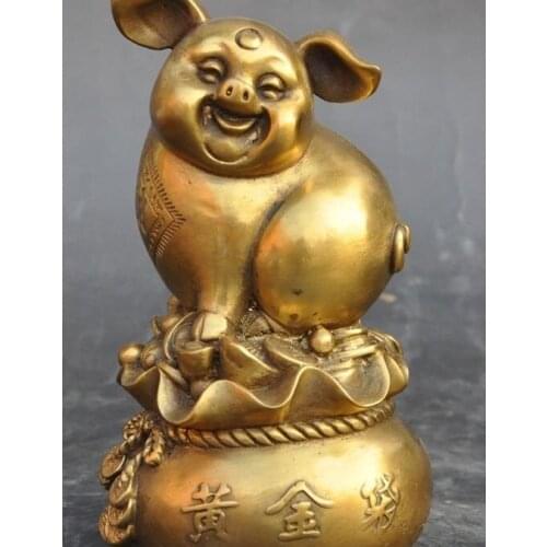 6" chinese brass fengshui Animal Pig yuanbao Gold bag money wealth lucky statue