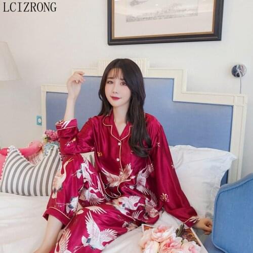 Spring Fashion Crane Print 2pcs Pajamas Set Women 5XL Big Size Long Sleeve Long Pants Sleepwear Nightgown Casual Home Clothes
