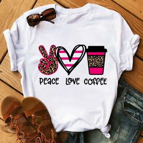 Fashion T Shirt Woman Tops Tshirt Leopard Peace Love Coffee Streetwear Casual O-neck T-shirt Summer Female Tee Shirts
