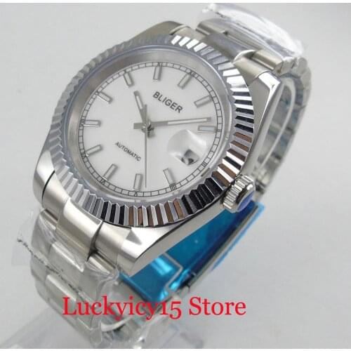 Stainless Steel Automatic Mens Watch Sapphire Glass White Dial Date Display 40mm Wristwatch