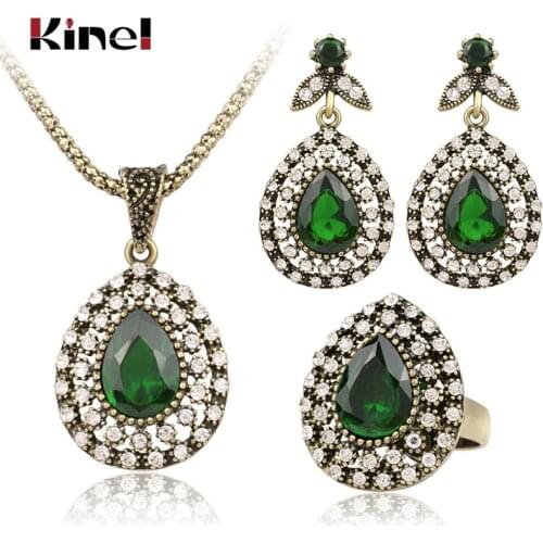 Kinel 3Pcs Vintage Jewelry Sets For Women Antique Gold Pink Crystal Wedding Party Earrings Necklace Ring Female Turkish Jewelry
