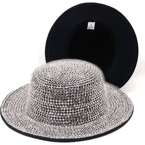 Full Diamond Adjustable Flat top Fedora Hat Bling Rhinestone Panama Women Men Wide Brim Felt Jazz Hats wholesale Summer Winter