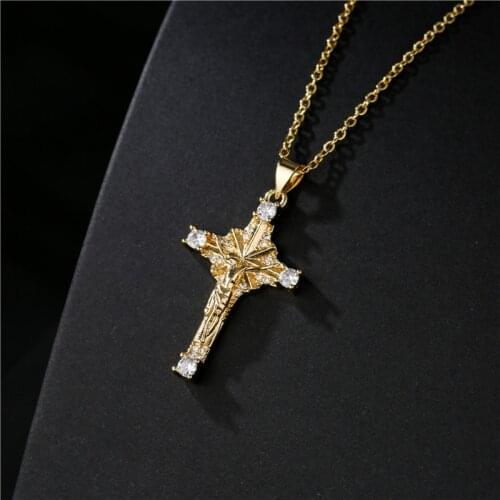 Luxury AAA CZ Zircon Christian Jewelry For Women Men Gold Color Jesus Cross Pendant Necklace Wholesale