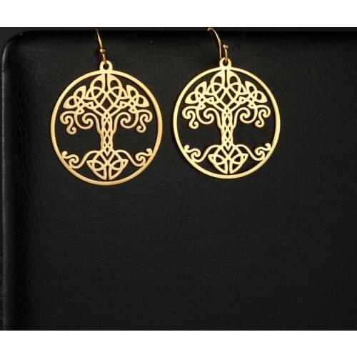 My Shape Tree of Life Earring Hoop Earrings Ethnic Vintage Stainless Steel Dangle Earrings Wicca Big Round Pendant Jewelry Gift