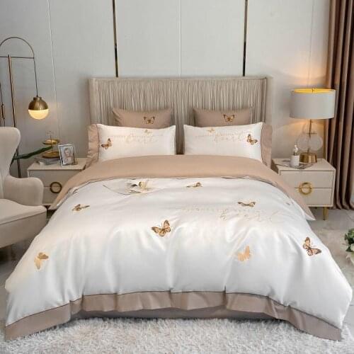 Chic Embroidery Butterfly Duvet Cover White Gray Spring Insects Animal Satin Cotton 4Pcs Soft Bedding Set Bed Sheet 2Pillowcase