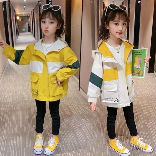 Spring Autumn Pocket Colorblock Jackets for School Girls Teenage Fashion Kids Girl Hooded Windbreaker Children Baby Trench Coat