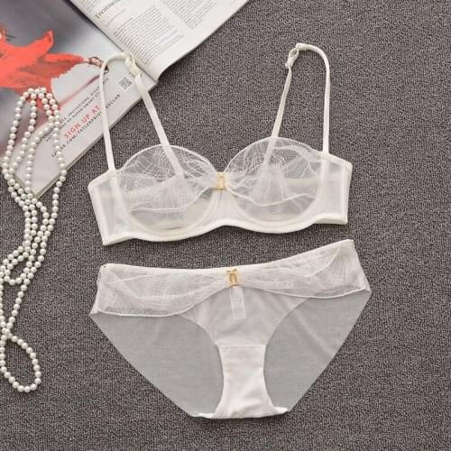 Wriufred Wedding lace ultra-thin bra set sexy big bow see-through ladies underwear mesh temptation non-sponge plus size lingerie