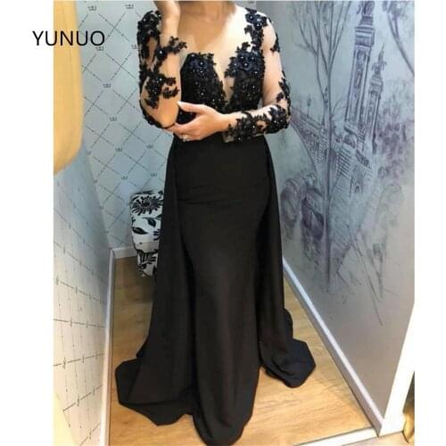 YUNUO Sexy Illusion Long Sleeve Evening Dresses 2021 Black Formal Dress Satin Lace Prom Gowns with Appliques vestidos de fiesta