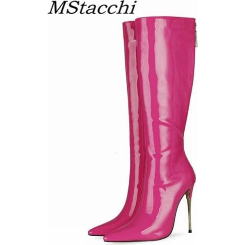 MStacchi All-match Golden Heel Womens Boots High Heel Plush In Pointed Toe Back Zipper Shoes Autumn Winter Long Boots Female