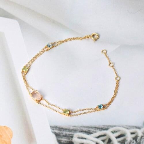 MoBuy 925 Silver Bracelet For Women Natural Rose Quartz Topaz Olivine 14K Gold Plated Fine Jewelry MBHI062
