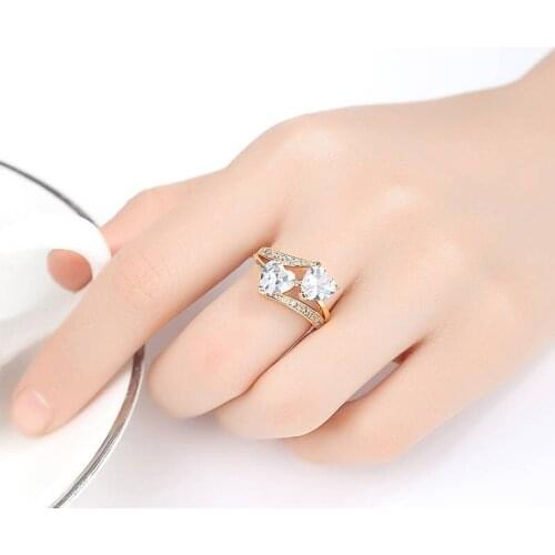 Female Ring Glamour Couple Double Love Engagement Ring Transparent Red Blue Tricolor Zircon Ring Girlfriend Birthday Present