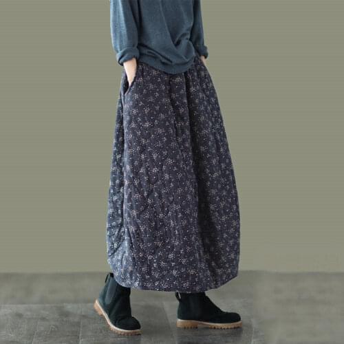 Winter Skirts Women 2020 New Retro Ethnic Style Cotton and Linen Quilted Skirt Elastic Waist Female Thicken Warm Saia Midi y290