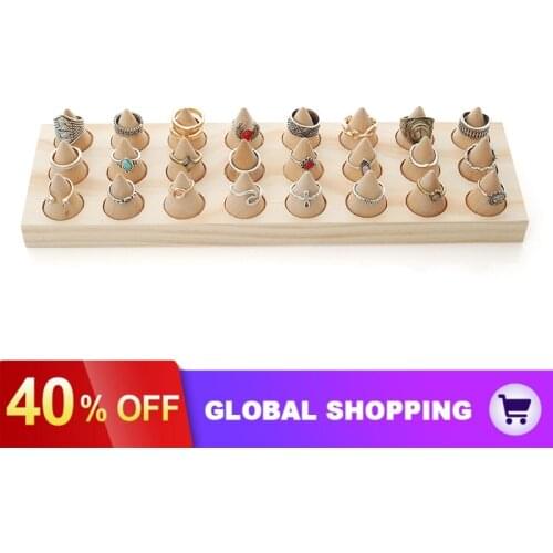 24-Finger Vintage Grey Wood Ring Holder Tray Decorative Jewelry Display Organizer