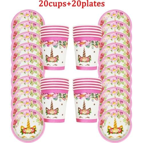 40Pcs/Lot Flowers Unicorn Theme Disposable Tableware Design Kids Birthday Party Paper Plate+Cup Supplies For Kids