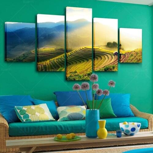 5 Panel Modern Spray Painting Rice Field Canwas Wal Art Oil Painting Nature Landscape For Living Bed Room Unframed PF1074