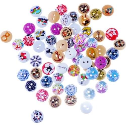 Free shipping -100PCs Random Mixed Lovely Round DIY 2 Holes Wood Painting Sewing Buttons Scrapbooking 15mm