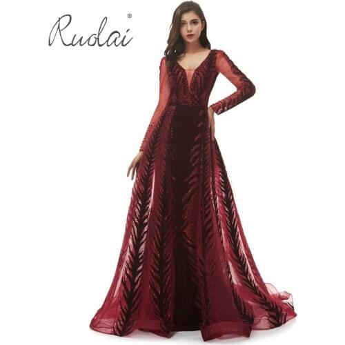 Burgundy Dubai Luxury Mermaid Evening Dresses Long 2019 V-Neck Long Sleeve Formal Prom Dress Party Gown vestido longo festa