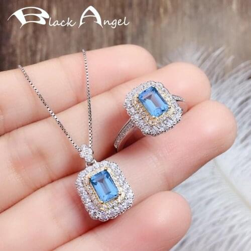 BLACK ANGEL 2021 New Elegant Romantic Blue Topaz Necklace Resizable Rings Rectangle Gemstone Wedding Gift Jewelry Set For Women