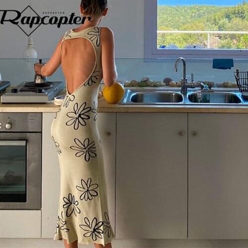 Rapcopter Floral Beach Style Sundress Hollow Out Sexy Long Dress y2k Knitted Sleeveless Summer Dress Retro Fashion Skinny Dress