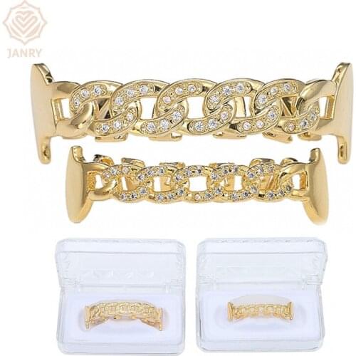 JANRY Pure Gold Color Plated Fang Teeth Grillz Micro Pave CZ Stones Exclusive Luxury Top & Bottom Hip Hop Chain For Men Women