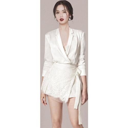 JSXDHK Spring Women 2 Piece Set 2019 Runway White Sexy Silk Turn Down Collar Shirt Suits + Tie Bow Lace Mini Party Skirt Suits