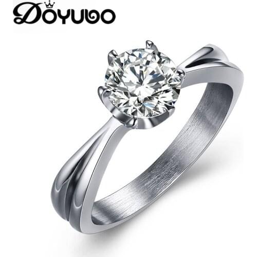 DOYUBO Classical Women Stainless Steel Five Claw Ring With 8MM Cubic Zirconia Lady Simple Design Wedding Ring Fine Jewelry DE008
