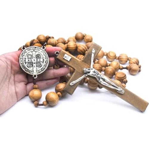 Fashion Handmade Round Wood Bead Catholic Wall Rosary Cross Religious Necklace QX2E